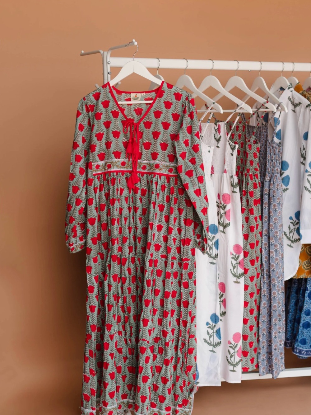 Red Floral Maxi Dress with Tie-Front and Long Sleeves